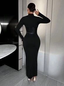 SHEIN SXY Women's Sexy High Neck Bodycon Dress With Pu Splice On Waist - Black - View 2