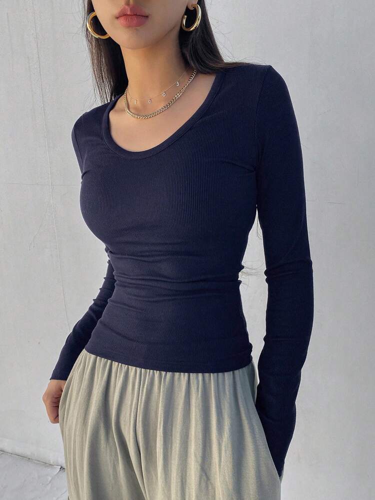 Women's Tight-Fitting T-Shirt With Large Round Neckline,Fall Clothes,Back To School Clothes Long Sleeve Women Tops