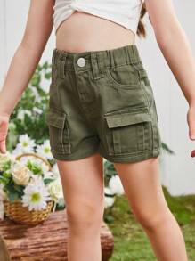 Girls' Cute Casual Green Simple Denim Shorts - Army Green - View 5