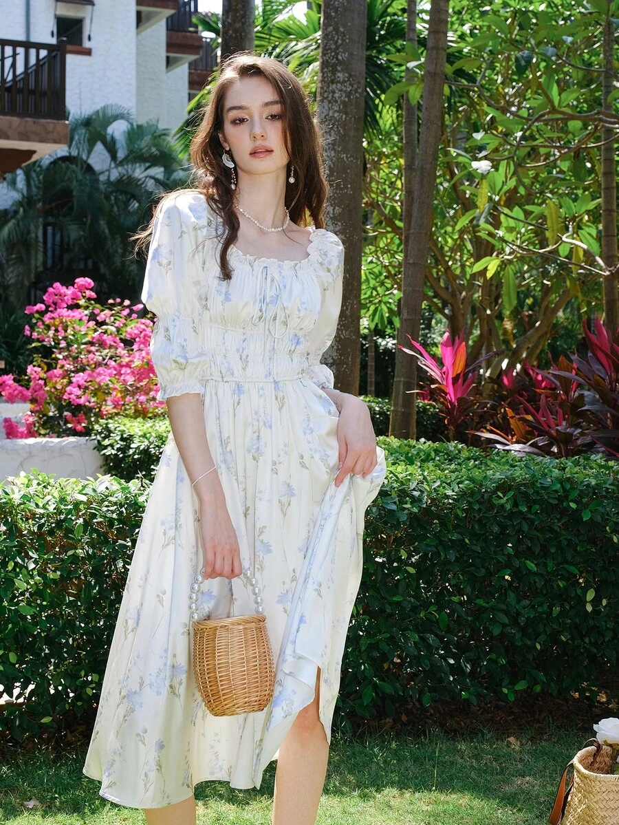 Women's Floral Print Frill Trim Front Tie Midi Dress - Blue - View 1