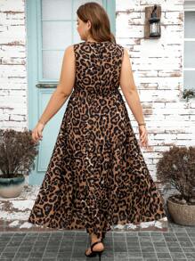 SHEIN Clasi Plus Size Women's Leopard Print Round Neck Sleeveless Dress