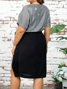 SHEIN Clasi Plus Size Colorblock V Neck High Slit Hem Dress - Black - View 2