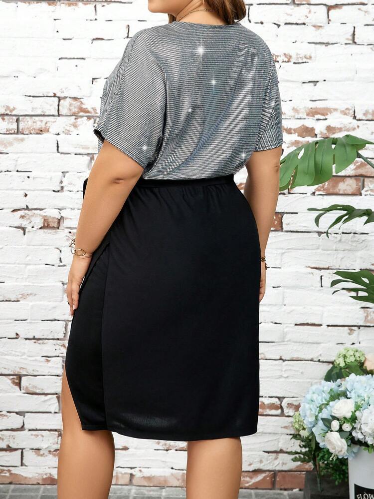 Plus Size Colorblock V Neck High Slit Hem Dress