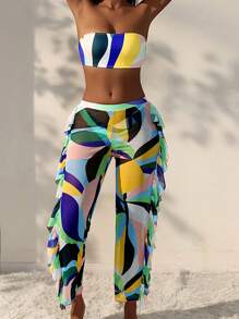 SHEIN Swim Geometrisch bedruckter Bikini-Set Cover-up Hose, für Sommer Strandurlaub