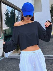 DAZY 纯色短款长袖T恤，秋季女装 - 藏蓝色 - 查看 4