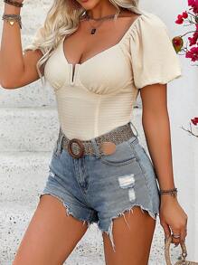 Breezaya Women's Lantern Sleeve Sweetheart Collar T-Shirt