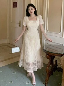 DAZY Damen einfarbiges Spitzenkleid mit kurzen Ärmeln, Geburtstag, Silvester, Sommer Sommerkleid, Abschlussball Kleid, elegante Damenkleider - Beige - Übersicht 5