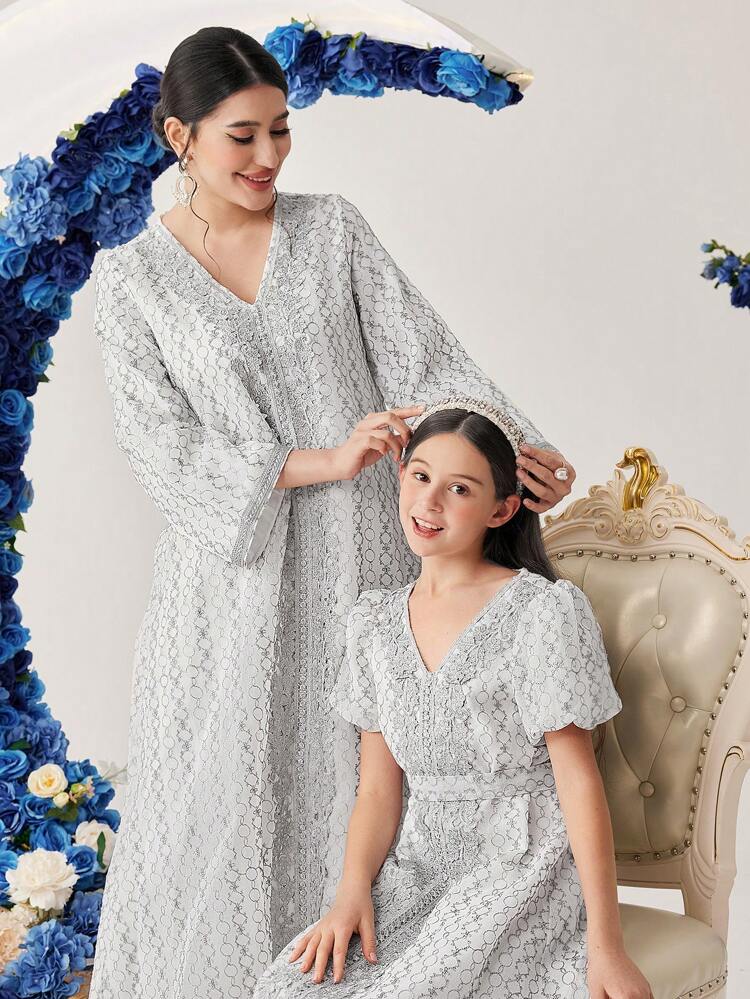 Women's Lace Trim V-Neck Long Sleeve Kaftan