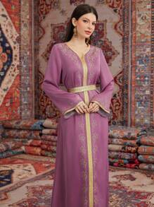 Al Najma 女士金色系带阿拉伯连衣裙 - 紫色 - 查看 7