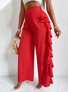 SHEIN Slayr Pantalones rojos para mujer con banda ancha en la cintura y voluminoso ribete de volantes - Rojo - Ver 3