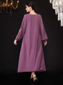 Al Najma Colorblock Border Cutout Lantern Sleeve Dress - Maroon - View 2