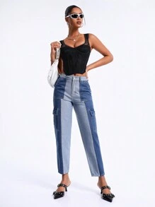 SHEIN BAE Women's Cargo Pocketed Denim Trousers - Blue - View 3