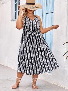 SHEIN VCAY Plus Size Summer Holiday Black & White Floral Striped & Printed Halter Beach Dress