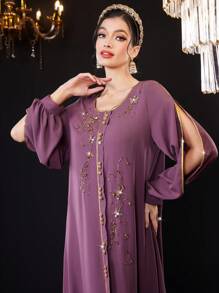 Al Najma Colorblock Border Cutout Lantern Sleeve Dress - Maroon - View 1