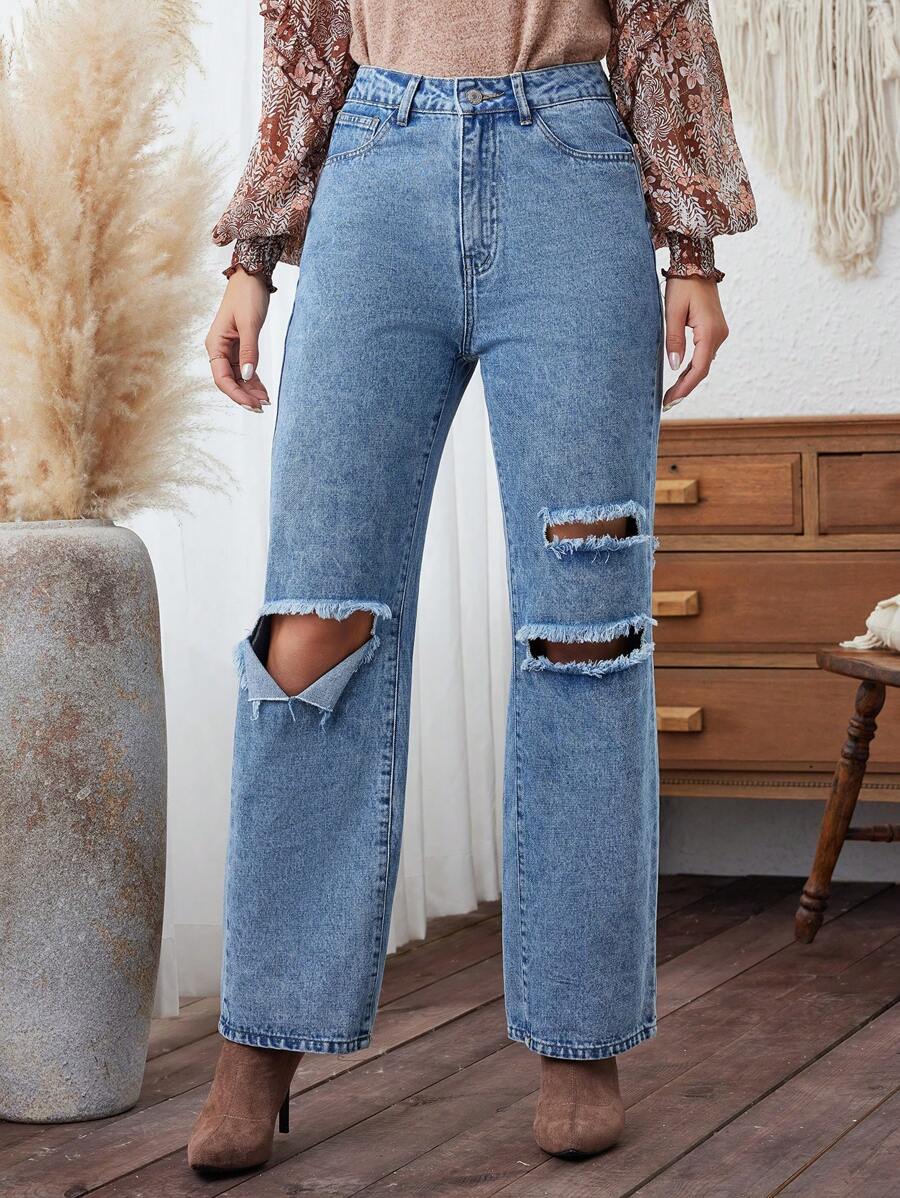 SHEIN LUNE Unifarbene Zerrissene Jeans - Helle Waschung - Übersicht 1
