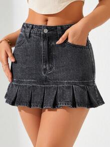 SHEIN Privé 女用褶皺下擺迷你牛仔裙 - 黑色 - 查看 4