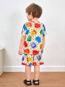 男童可愛舒適的卡通熊圖案短袖上衣+短褲套裝