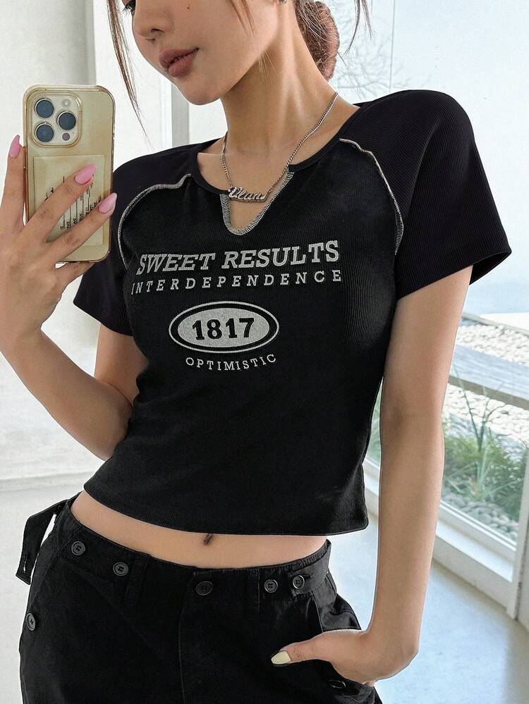 Women's Slogan Print Short Sleeve T-Shirt Jersey,Crop Tops Women,Graphic Tees