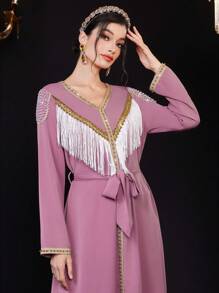 Al Najma Women's Long Sleeve Tassel Patchwork Arabian Style Dress - Pink - View 1