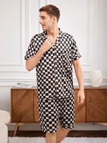 Conjunto De Ropa Para El Hogar De Camisa De Manga Corta Y Pantalones Cortos Con Estampado De Cuadros Y Borde Enrollado Para Hombre - Marrón - Ver 4