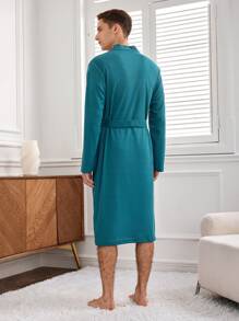 Men's Long Sleeve Bathrobe With Letter Print - Blue - View 2