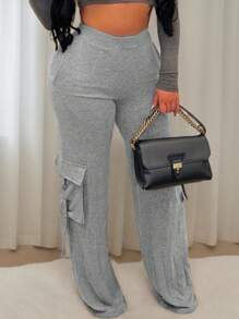 VaVaBold Pantalones Con Detalle De Rayas Y Solapa Con Bolsillo Lateral De Color Liso Para Mujer