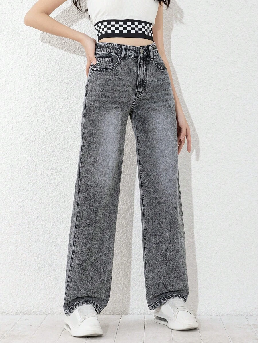 SHEIN Explorewe 青少年女孩百搭黑灰色直筒牛仔裤，水洗牛仔布 - 深灰色 - 查看 1