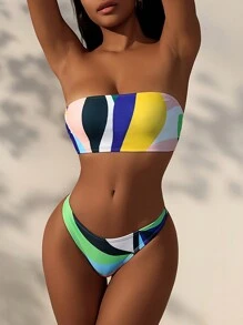 SHEIN Swim Geometrisch bedruckter Bikini-Set Cover-up Hose, für Sommer Strandurlaub