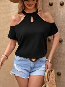 SHEIN LUNE 女士春夏音樂節黑色t卹,露肩設計 - 黑色 - 查看 1