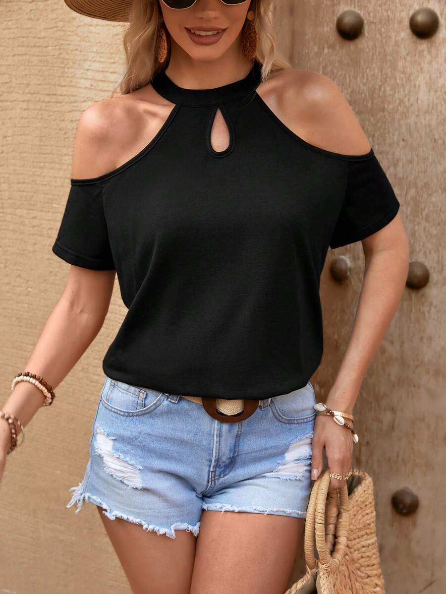 SHEIN LUNE 女士春夏音樂節黑色t卹,露肩設計 - 黑色 - 查看 1