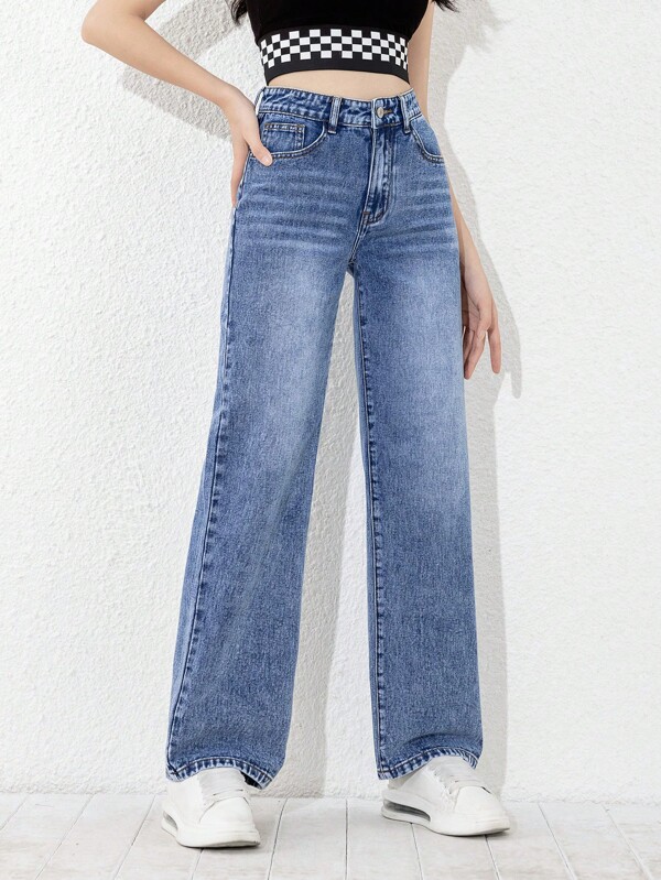SHEIN Teen Girls' Mid Waist Straight Leg Jeans