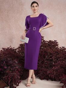 Modelyn Women's Solid Color Square Neckline Split Hem Dress Long Evening Dresses - Purple - View 5