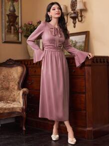 Modelyn Women's Tie Neck Flare Sleeve Dress