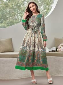 Mulvari Full Print Lantern Sleeve Belted Dress - Multicolor - View 3