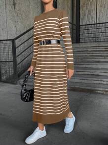 SHEIN Cottnline 條紋長袖圓領毛線裙 - 卡其色 - 查看 3