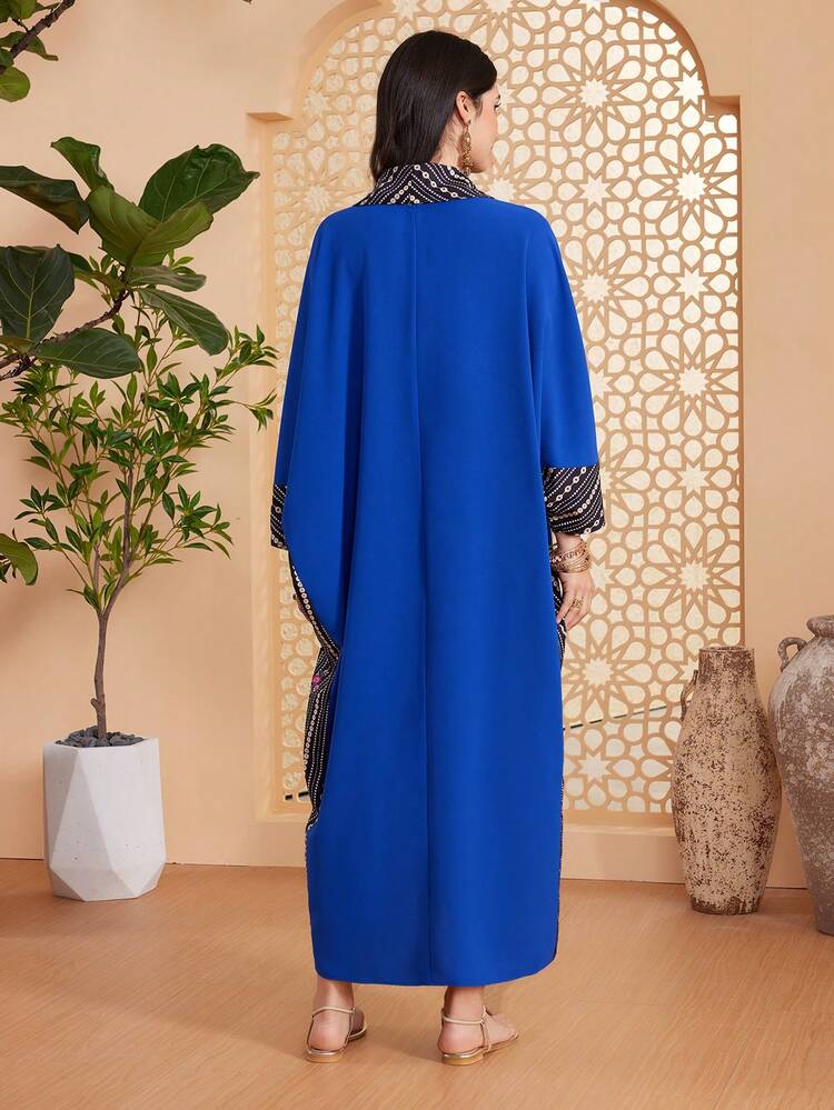 Women's Geometric Pattern Splice Kaftan With Draped Collar, Turkish Style
