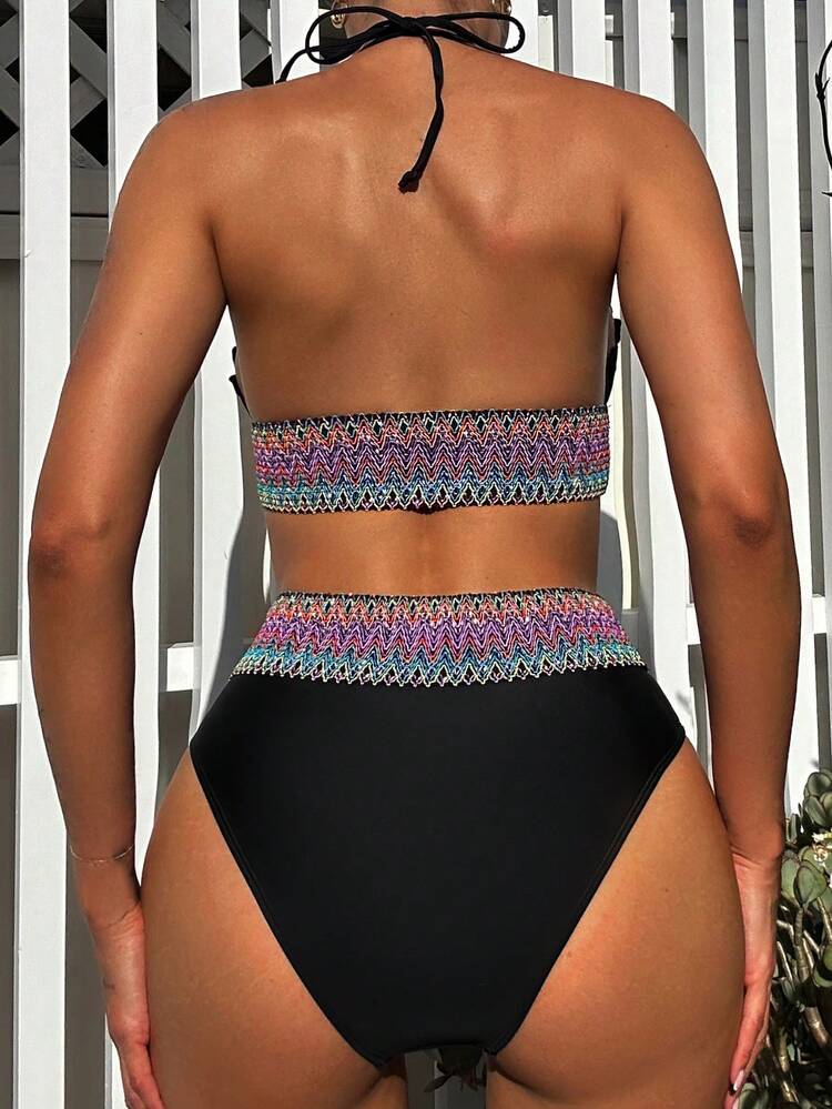 Summer Colorblock Panel Bikini Set With Shell Edge Decoration Carnival