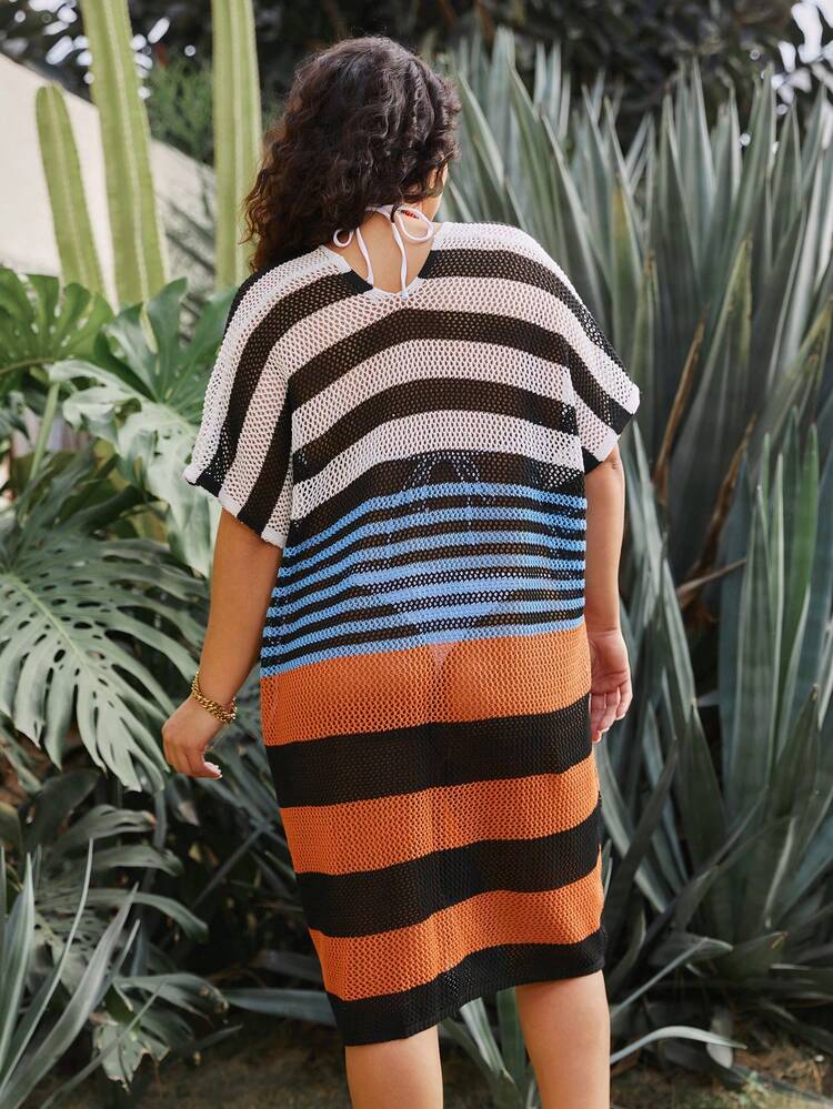 Plus Size Colorblock Stripe Knitted Dress With Criss-Cross Straps