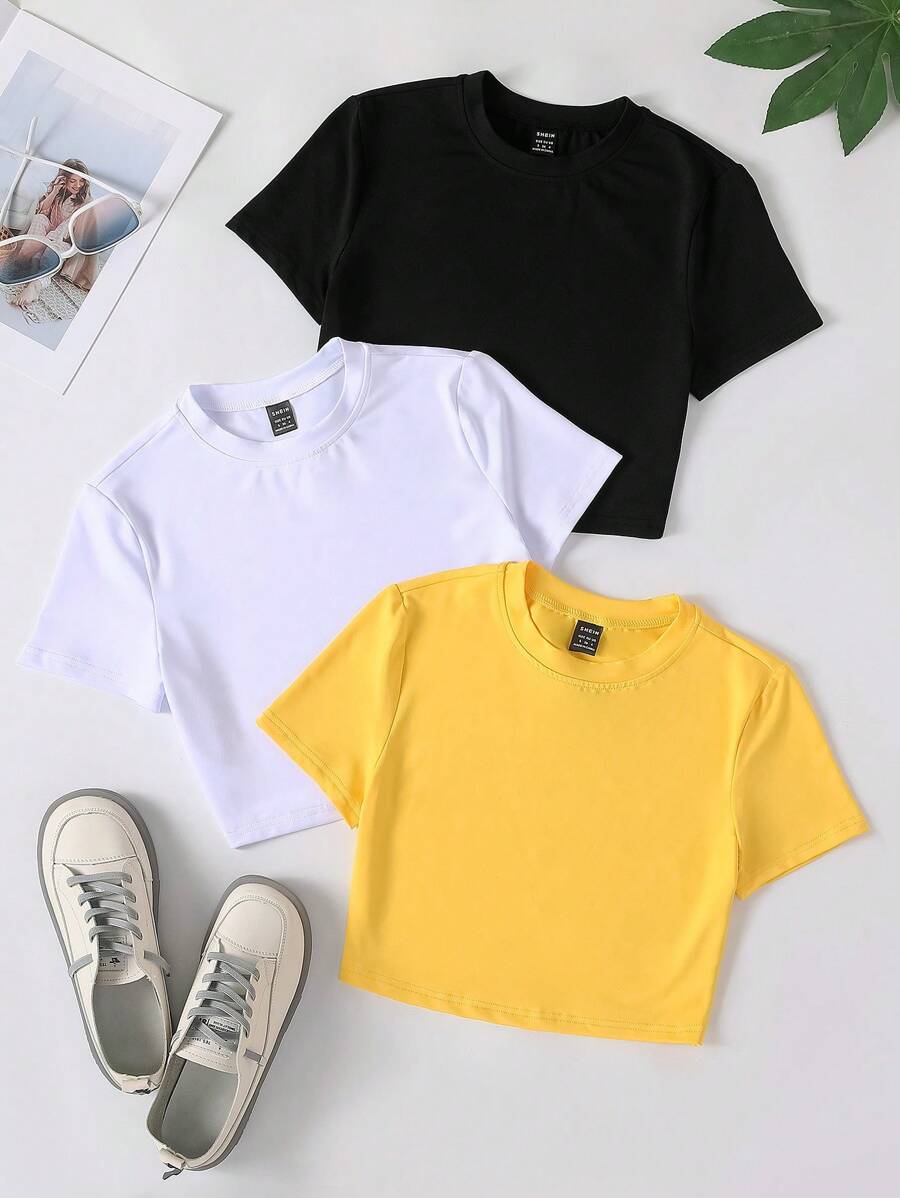 SHEIN Unity Crop Top Tight Short Sleeve T-Shirt - Yellow - View 1