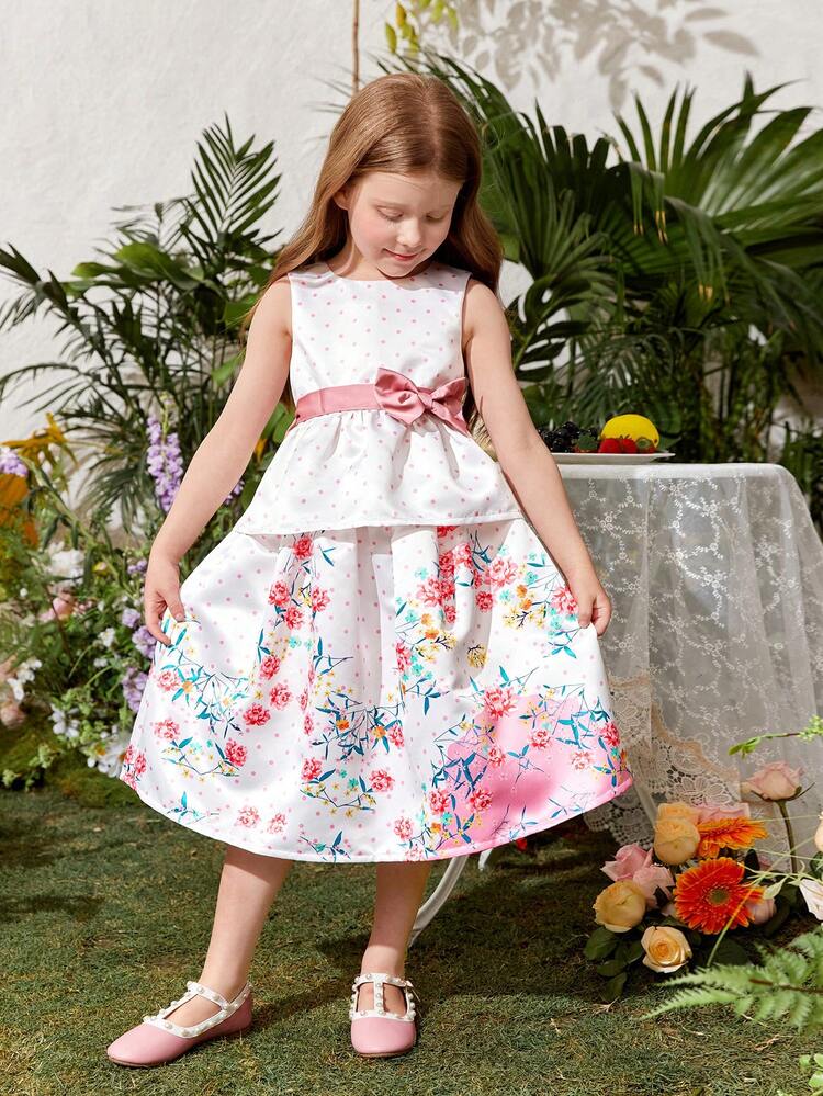 Young Girl's Lovely Polka Dot Sleeveless Top With Bow Decor And Floral Printed A-Line Skirt 2pcs/Set