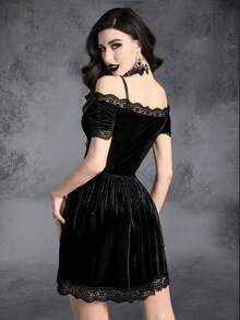Gothic Mini Velvet Dress With Contrast Lace, Scallop Trim, Ruched Bust And Arm Sleeves - Black - View 2