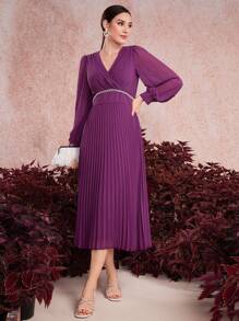 Modelyn Robe longue de soirée pour femmes avec col drapé, manches longues et ourlet plissé - Fushia - Voir 5