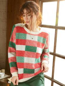 Knit Mix Women's Plaid Crew Neck Pullover Sweater (Random Pattern) - Multicolor - View 1