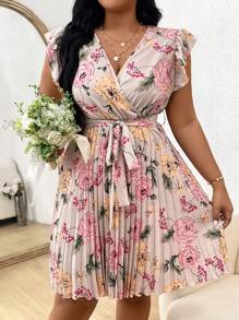 Franclia Vestido bohemio de verano con estampado floral, diseño con nudo y volantes para mujer talla grande