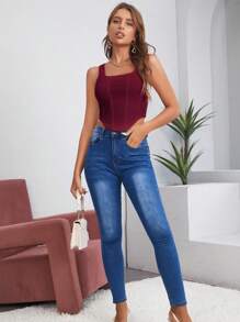 SHEIN BAE Camiseta Sin Mangas Asimétrica Con Dobladillo Para Mujeres En Color Sólido - Granate - Ver 4