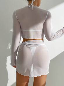 SHEIN Swim Women Sheer Mesh Top + Skirt Set - White - View 2