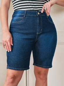 SHE(IN) BRASIL Hơn Viền chia cắt Quần short Denim - Màu xanh lam - Xem 1