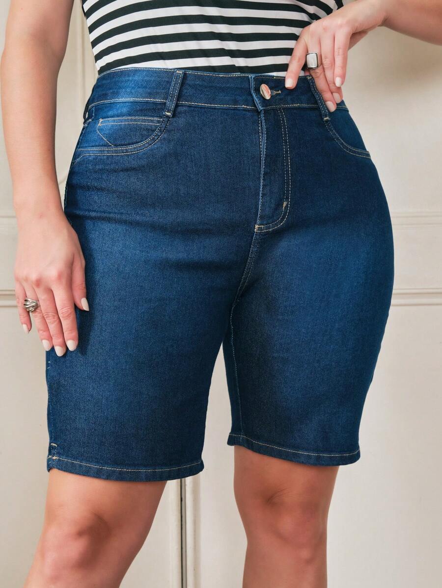 SHE(IN) BRASIL Hơn Viền chia cắt Quần short Denim - Màu xanh lam - Xem 1