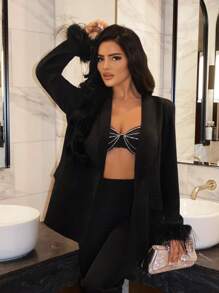 SHEIN SXY Bộ vest chuyên nghiệp có tay áo và gấu áo tương phản ngày lễ tình nhân và quần - màu đen - Xem 5