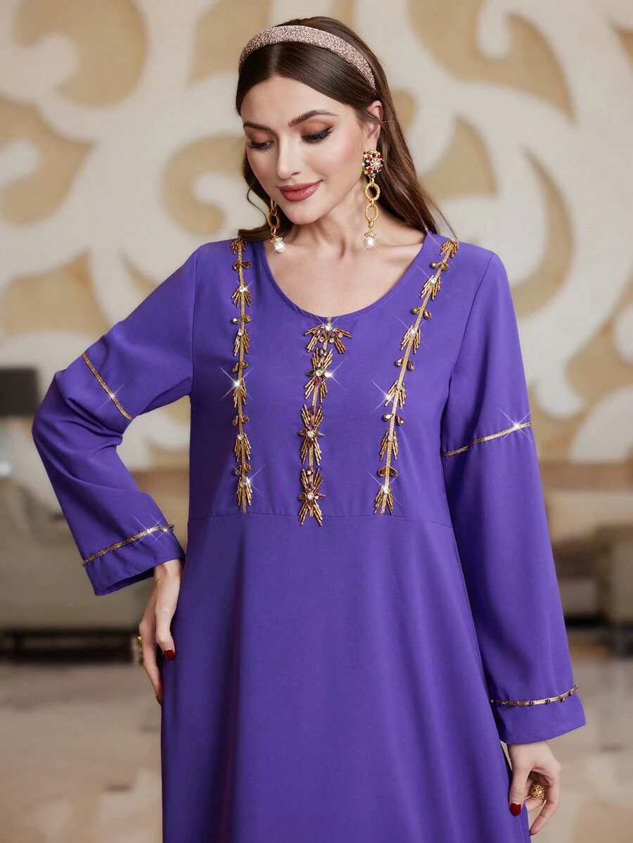 Al Najma Women's Jewel Decor Long Sleeve Arabic Style Dress - Purple - View 1
